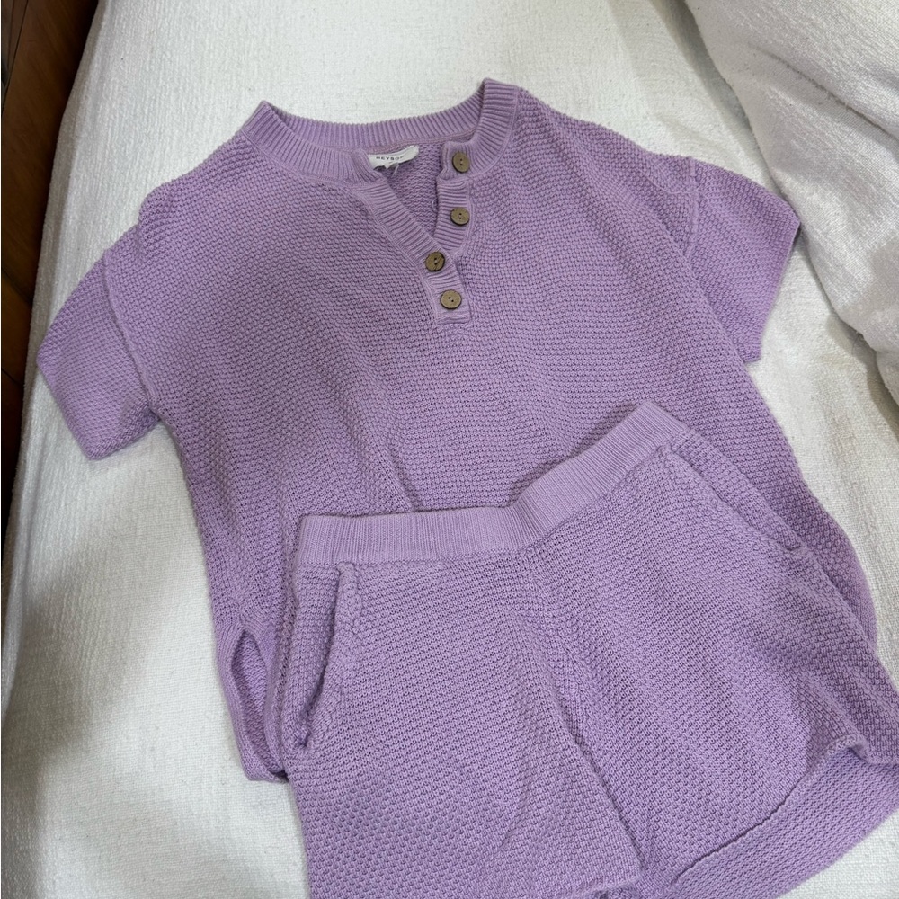 Lavender Knit Button-Up Top and Shorts Set